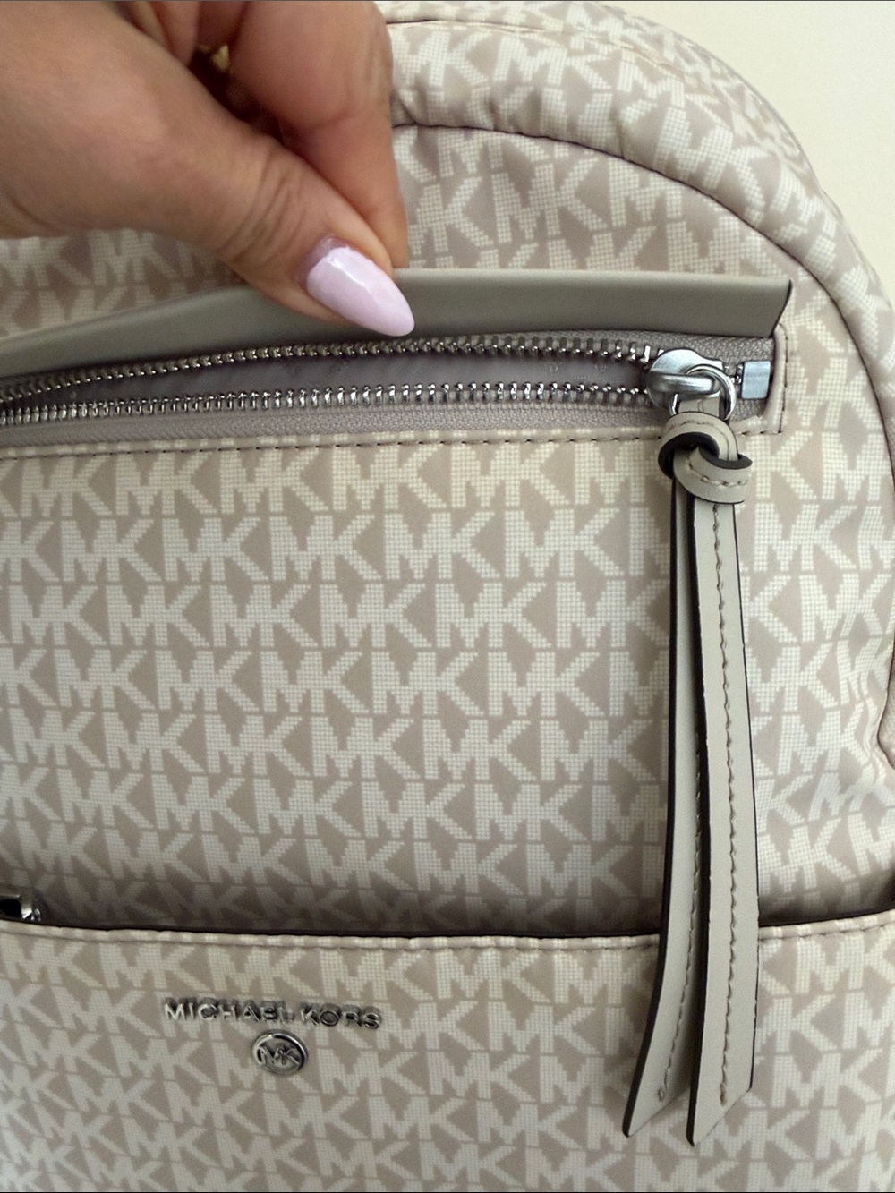 Michael Kors Beige MK woven Logo Backpack with Silver Accents - Picture 5 of 12